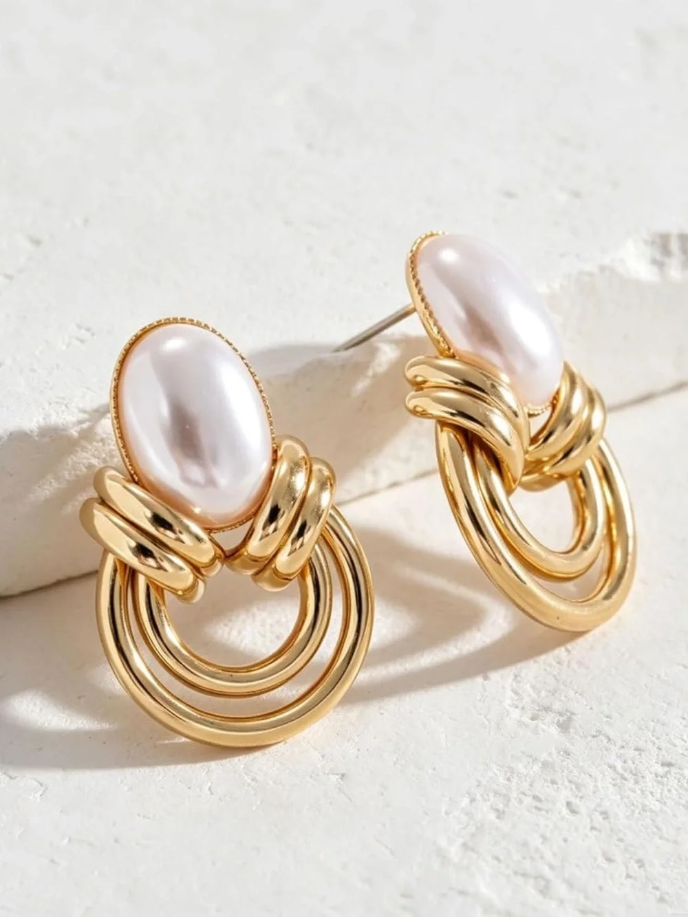 Anthropologie Gold Hoop Drop Earrings with White Pearl Cabochon
